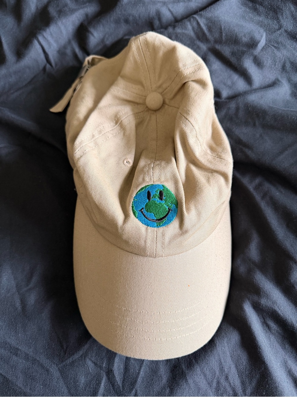 Beige Dad Hat with Green & Blue Smiley Earth Patch